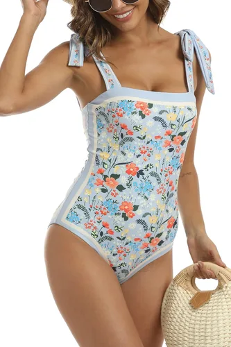 Vista 4 de Aidonger Trajes de baño reversibles de una pieza para mujer, diseño floral, con lazo en el hombro, control de abdomen, adelgazante, cuello cuadrado