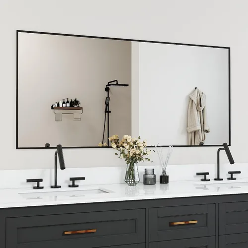 Vista 10 de [Usado] Espejo de baño con marco negro mate, espejo rectangular de tocador de 55 x 30 pulgadas, espejo de pared rectangular grande, antioxidante