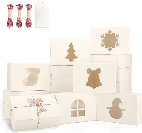 Vista 9 de 24 piezas Cajas de pastelería marrones con ventana, cajas de galletas de Navidad pequeñas de 4x4x2.5 pulgadas, cajas de regalo de Navidad