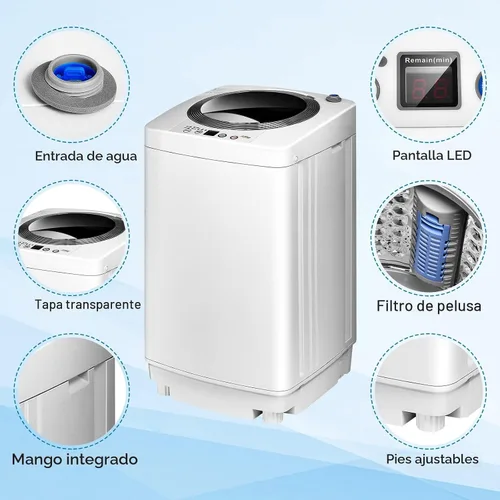 Vista 7 de COSTWAY Lavadora portátil, capacidad de 8 libras, lavadora completamente automática con 6 programas de lavado, pantalla LED, 3 niveles de agua