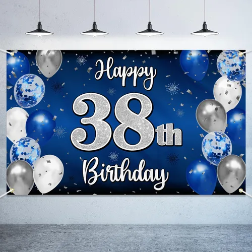 Vista 30 de Decoración de feliz cumpleaños número 100, globo azul y plateado grande cartel de fondo de cumpleaños de 100 años - Suministros para fiesta