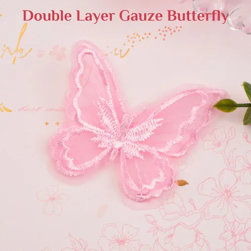 Vista 6 de Apliques de mariposa de encaje rosa para coser en parches de encaje de doble capa para accesorios de cabello de novia (rosa, 12 unidades)