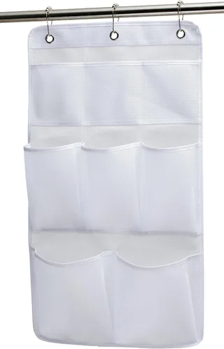 Vista 8 de KIMBORA Organizador de ducha de malla para colgar en el baño, con 2 bolsillos grandes, 3 anillos, barra de cortina colgante para dormitorio, Negro