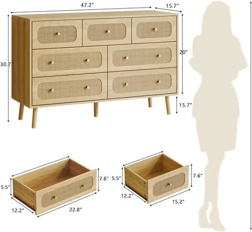 Vista 2 de SINROM® Cómoda de ratán para dormitorio, cómoda moderna de 7 cajones con asas doradas, cómoda de almacenamiento de madera para dormitorio, sala