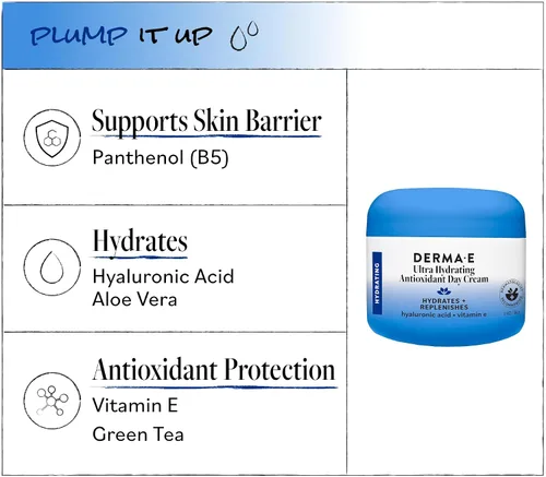 Vista 6 de Derma E Crema de día antioxidante ultra hidratante, hidratante facial con ácido hialurónico, escualano y ceramidas para suavizar y nutrir
