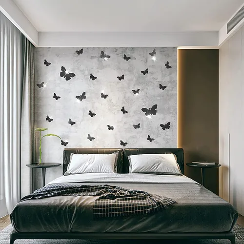 Vista 4 de Decoración de pared de espejo de mariposa, 50 calcomanías de pared de mariposa de espejo acrílico 3D extraíbles, calcomanías de pared autoadhesivas
