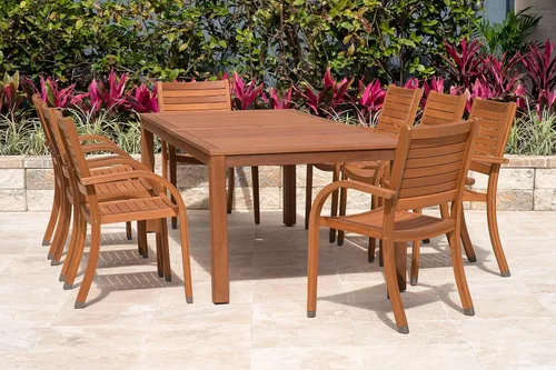 Vista 9 de Brampton Patio Brampton Coventry - Juego de comedor rectangular de 5 piezas, acabado de teca oscura y sillas apilables, ideal para patio y exteriores