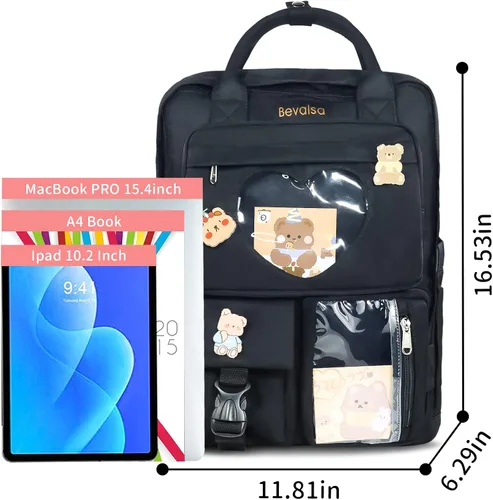 Vista 3 de Bevalsa Mochila Kawaii para niñas y niños, linda mochila Ita con corazón japonés, mochila escolar para adolescentes y niñas con bonitos pines, Negro