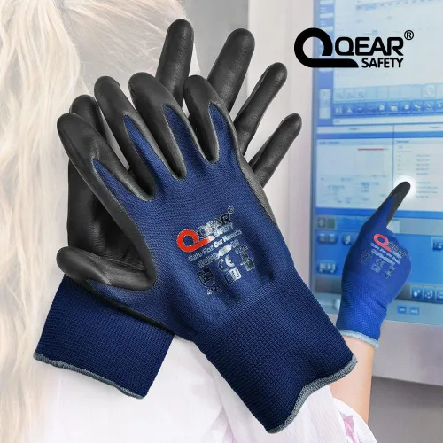 Vista 2 de Paquete de 3 pares de guantes de seguridad de trabajo táctiles de color azul marino, espuma de nitrilo recubiertos, uso general, trabajo mecánico