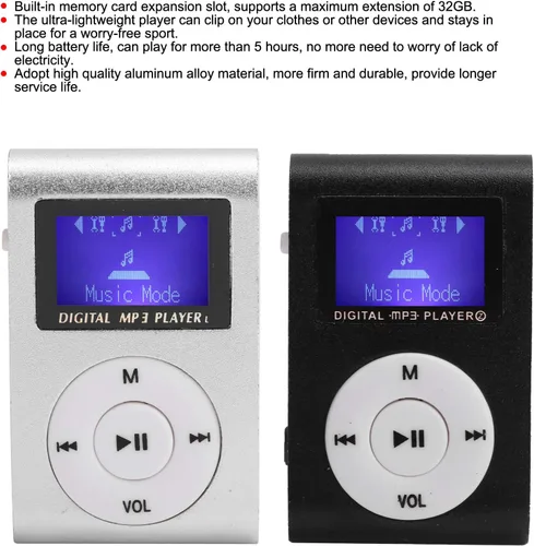 Vista 2 de Mini reproductor de MP3, pantalla LCD mini reproductor de música USB, con auriculares, reproductor de clip ultraligero, carcasa de metal, soporte