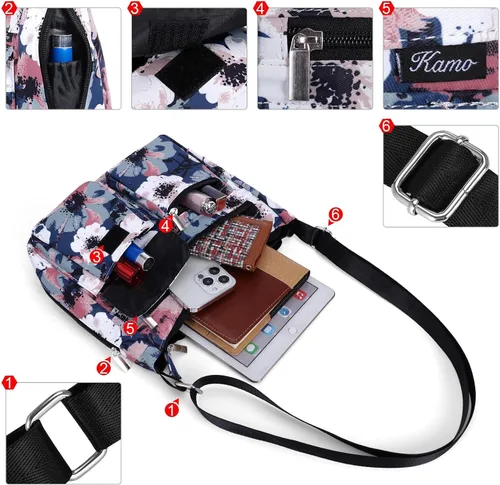 Vista 4 de Kamo Bolso cruzado para mujer, bolso de hombro con múltiples bolsillos, ligero, bolso de mensajero impreso casual, bolso de mano de viaje