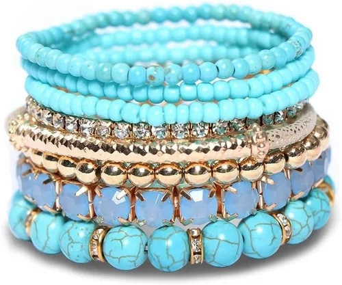 Vista 9 de Pingyongchang - Juego de pulseras apilables de múltiples capas estilo bohemio con cuentas de cristal para mujer, hechas a mano, con cuentas doradas