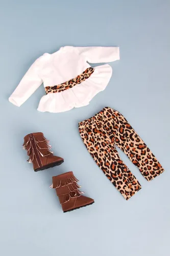 Vista 6 de Ropa Dol de 18 pulgadas, Safari de moda, traje de muñeca de 3 piezas de 18 pulgadas, túnica de terciopelo marfil, leggings de guepardo y botas