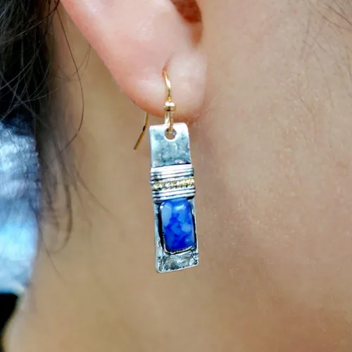 Vista 2 de Gixaxak Pendientes de plata vintage 925 con grano azul, hechos a mano, pendientes de piedra natural, pendientes de zafiro azul crudo, piedras