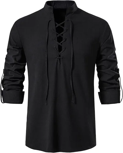 Vista 2 de Camisas de lino de manga larga con cordones retro para hombre, camisa Henley renacentista, disfraz vikingo medieval, camiseta pirata