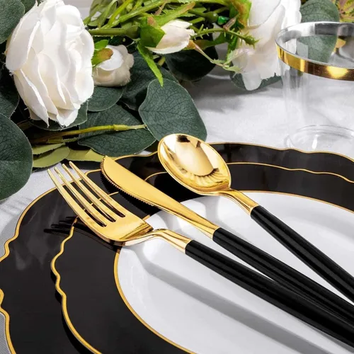 Vista 3 de WDF 30 Invitados - Platos de plástico negro y dorado, platos de Año Nuevo, cubiertos de plástico dorado con mango negro, vajilla desechable barroca
