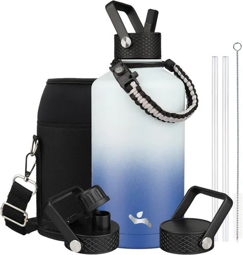 Vista 141 de Konokyo - Botella de agua aislada de 18 onzas, botellas deportivas de acero inoxidable con 3 tapas, verde militar
