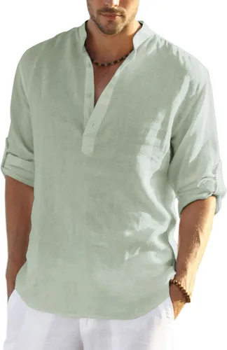 Vista 30 de COOFANDY Camiseta Henley de algodón y lino para hombre, de manga larga, estilo hippie, casual, playera