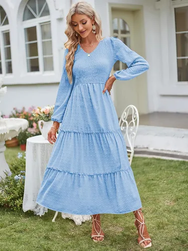 Vista 5 de ZAFUL Vestido largo con cuello en V para mujer, con bolsillos, cintura alta fruncida, cintura alta, casual, escalonado, acampanado