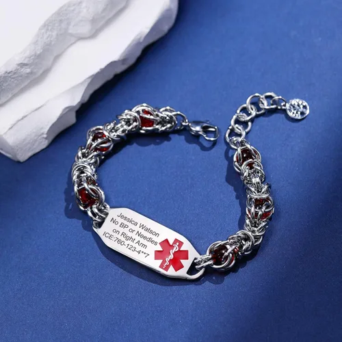 Vista 4 de Pulseras de alerta médica, pulseras de identificación personalizadas para mujeres y hombres, incluye tarjeta médica de emergencia