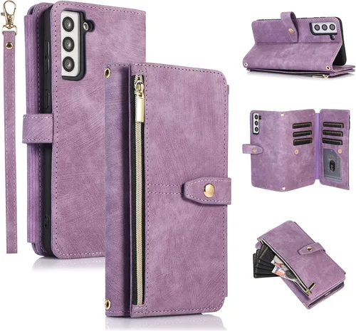 Vista 15 de UEEBAI Funda tipo cartera para Samsung Galaxy S22 5G, Retro 9 ranuras para tarjetero, bolsillo con cremallera, cierre magnético, función atril