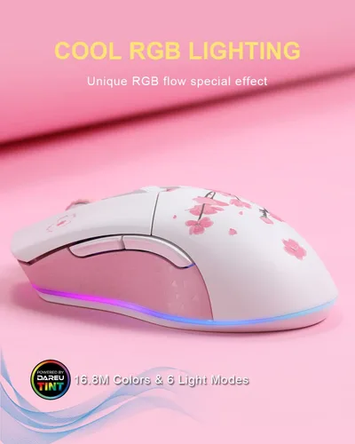 Vista 2 de DAREU Sakura - Mouse inalámbrico para juegos con cable, recargable de doble modo, 7 botones programables, 10 K DPI, RGB y 7 niveles de DPI