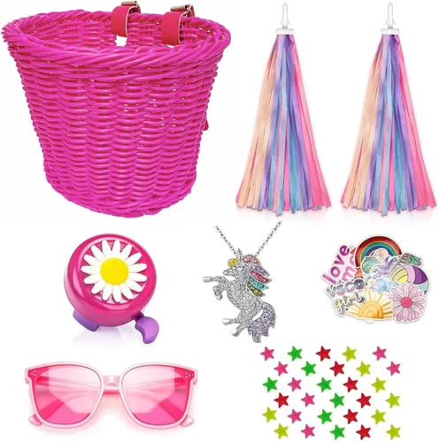 Vista 13 de Cesta de bicicleta para manillar para niñas con collar de unicornio, campana, serpentinas, cuentas de rueda, lentes de sol, calcomanías, juego