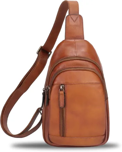 Vista 2 de Bolso bandolera de cuero genuino para el pecho, mochila cruzada casual, mochila vintage hecha a mano para senderismo, bolsa de motocicleta (marrón) M