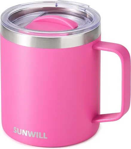 Vista 13 de SUNWILL - Taza de café de viaje con tapa, taza aislada con asa, taza de acero inoxidable de 14 oz para hielo, agua, té, color oro rosa