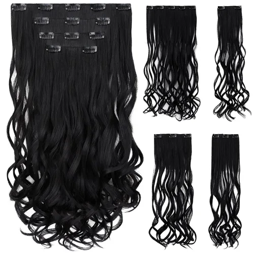 Vista 28 de Extensión de cabello negro oscuro, extensiones de cabello con clip de 22 pulgadas