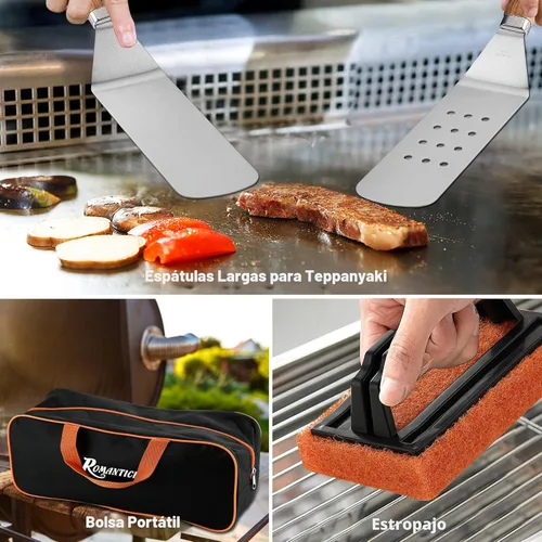 Vista 5 de ROMANTICIST Juego de 29 accesorios para plancha – Juego de espátula de teppanyaki con raspador, cubierta de hilvanado para chef de campamento