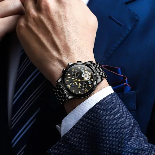 Vista 3 de OLEVS Men Automatic Watch Skeleton Moon Phase Dial Luxury Dress Stainless Steel Strap 5 Hands Diamond Men Wrist Watches