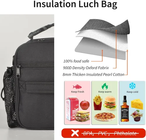 Vista 5 de Cerbonny Lonchera para niños, bolsa de almuerzo aislada para niñas y niños, poliéster duradero con forro de PEVA, correa de hombro ajustable, 10.8
