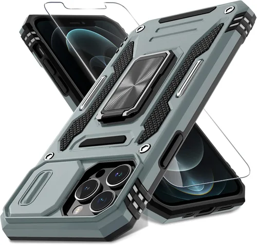 Vista 13 de DEERLAMN Funda para iPhone 13 Pro Max con cubierta deslizante para cámara + protector de pantalla (1 unidad), anillo giratorio con soporte de grado