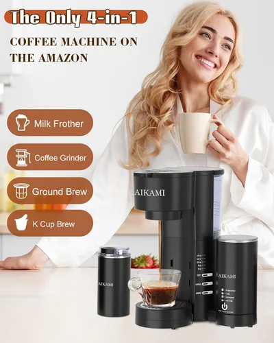 Vista 2 de Cafetera de una sola porción 4 en 1 con espumador de leche y molinillo de café, cafetera para taza K y café molido, con depósito de agua extraíble