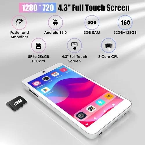 Vista 4 de Reproductor de MP3 con Bluetooth y WiFi: pantalla táctil completa HD de 4.3 pulgadas, gran capacidad, multimedia de transmisión Android, sin tienda