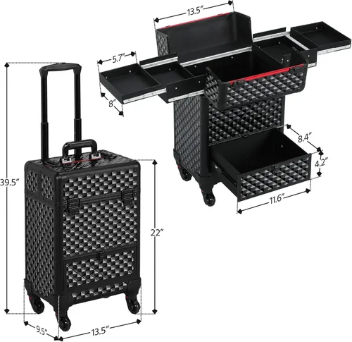 Vista 5 de Yaheetech Estuche de Maquillaje Tipo Tren con Ruedas, Estuche de Aluminio para Cosméticos con Ruedas, Estuche de Barbero para Salón, Carrito