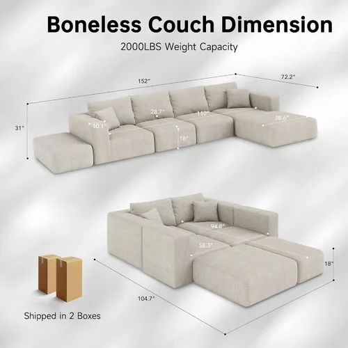 Vista 2 de Sofá modular de 152 pulgadas, sofás grandes sin hueso para sala de estar, moderna pana de felpa, sofá de nube seccional de gran tamaño con asiento