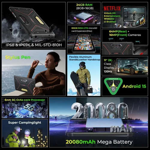 Vista 2 de HOTWAV R9 Ultra 5G Rugged Tablet with Pen, 24GB+512GB+2TB 11" 2K 20080mAh