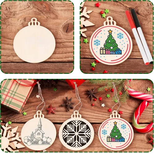 Vista 4 de Max Fun 100 adornos de Navidad de madera para manualidades, círculos de madera preperforados sin terminar para manualidades, centros de mesa
