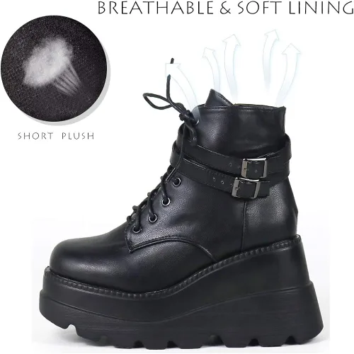 Vista 5 de CELNEPHO Botas de plataforma gruesa para mujer puntera cuadrada con cordones cremallera tacón alto botas de tobillo de cuña de combate
