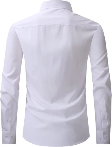 Vista 2 de AIEOE Camisa de vestir de manga larga para hombre, ajustada, con botones, unicolor, elástica, formal, con bolsillo
