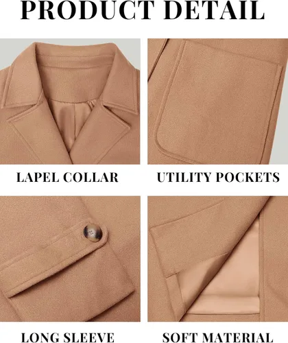 Vista 4 de Yousify Abrigo de manga larga con solapa con muescas para mujer, abrigo largo casual para otoño e invierno con cinturón