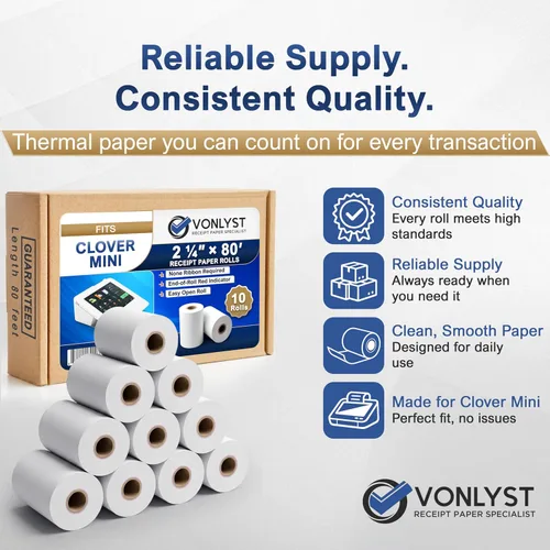 Vista 4 de Papel de recibo para impresora térmica móvil Clover Mini y Clover 2 1/4 x 80 (10 rollos)