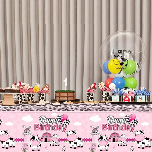 Vista 7 de Tiamon 3 manteles de plástico de 108 x 54 pulgadas para fiesta de cumpleaños de vaca, funda de mesa con estampado de vaca rosa, manteles de animales