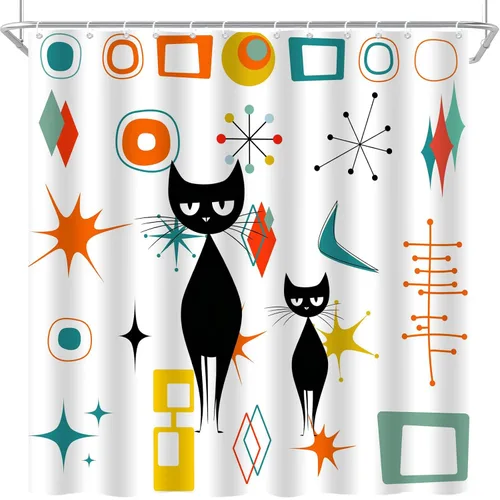 Vista 2 de Mid Century Atomic Cat Modern Shower Curtain Abstract Geometric Teal Orange Yellow Black Cat Retro 50S White Fabric Bathroom Curtain Set with Hook