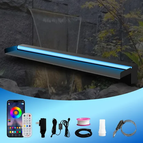 Vista 16 de Pamopamo Cascada Vertedero para Piscina de Acero Inoxidable Fuente de Estanque, Fuentes Negras para Exteriores con Control por APP y LED Coloridos