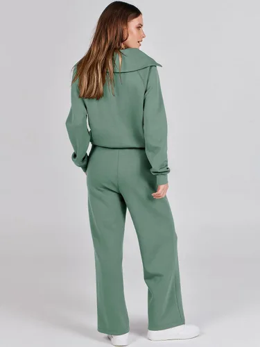 Vista 3 de Traje de 2 piezas para mujer, manga larga, solapa con cremallera de 14, sudadera y pantalones de pierna ancha