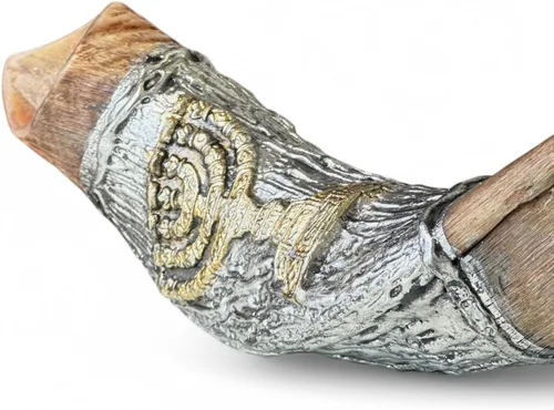 Vista 3 de Kosher Kudu Shofar de Israel, plata de ley 925 con chapado en oro, firmado oficialmente certificado yemenita Kudu Shofar, fabricado en Israel