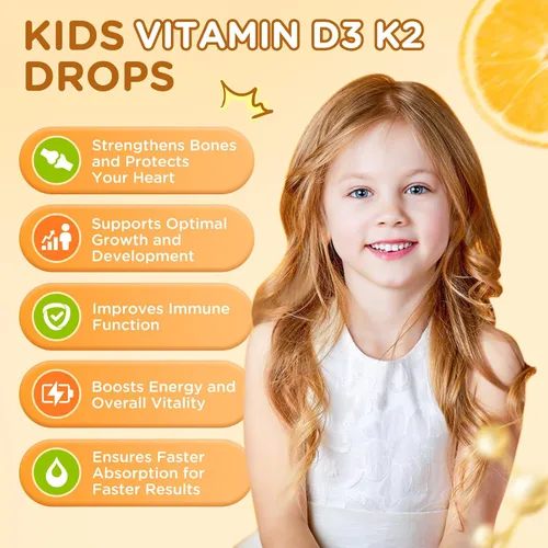 Vista 4 de Gotas de vitamina D3 K2 para niños, suplemento líquido con calcio, Omega 3, zinc, vitamina D3 K2 para absorción de calcio huesos saludables